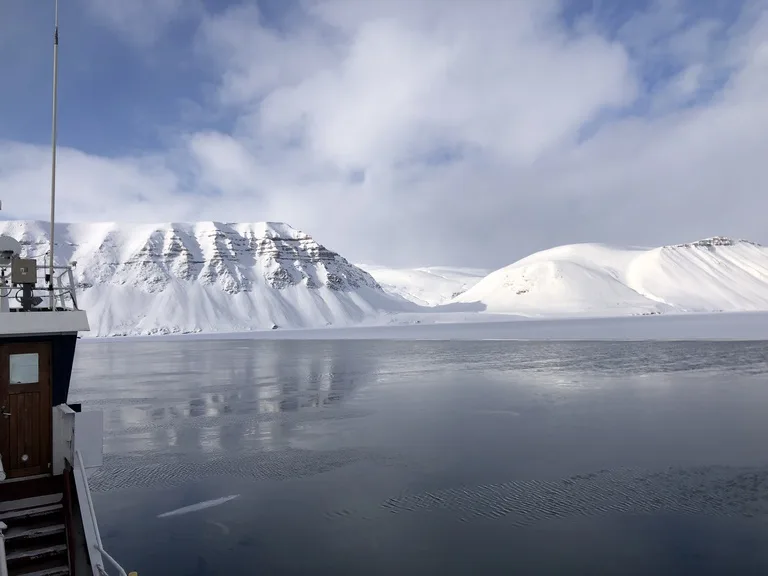 Fjord-cruise to Billefjordenで北極海をクルーズする船から見えるフィヨルドの景色