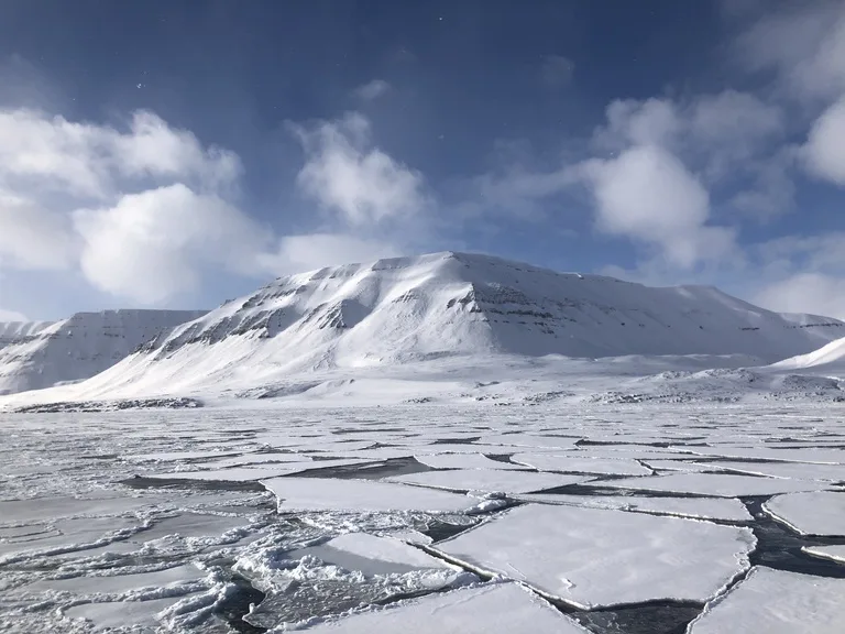 Fjord-cruise to Billefjordenで北極海をクルーズする船から見えるフィヨルドの景色
