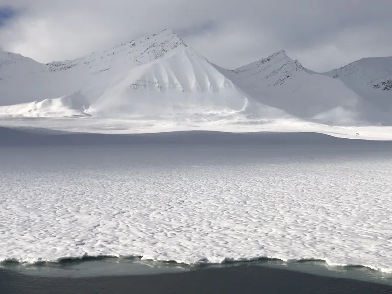 エスマルク氷河( Esmark Glacier )の青い氷壁と前面の氷片の浮かぶ海
