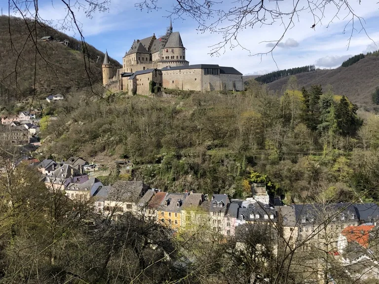 森に囲まれた丘の上に建つヴィアンデン城と麓に広がる街並み