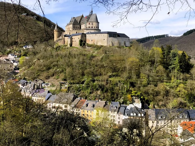 森に囲まれた丘の上に建つヴィアンデン城と麓に広がる街並み