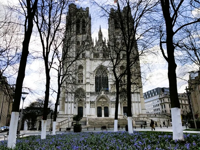 ブリュッセルのサン・ミッシェル大聖堂と花畑