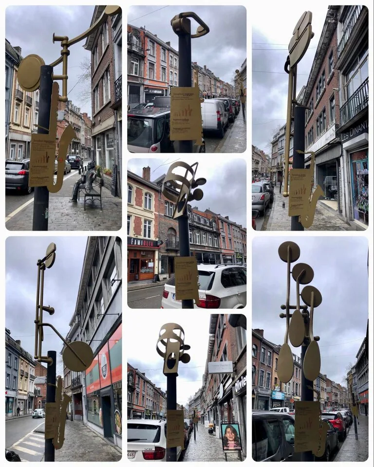 ベルギー・ディナンのアドルフ・サックス通り（Rue Adolphe Sax）にあるサックスのパーツのオブジェ