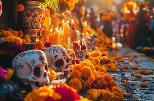 メキシコ 死者の日 お祭り ガイコツ マリーゴールド