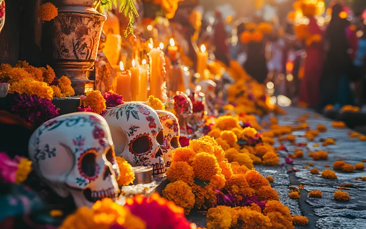 メキシコ 死者の日 お祭り ガイコツ マリーゴールド