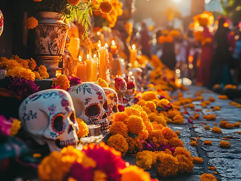 メキシコ 死者の日 お祭り ガイコツ マリーゴールド