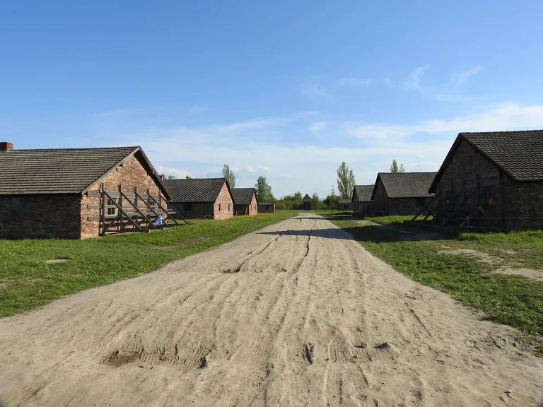 ビルケナウ収容所の広大な敷地と木造バラックの残存エリア