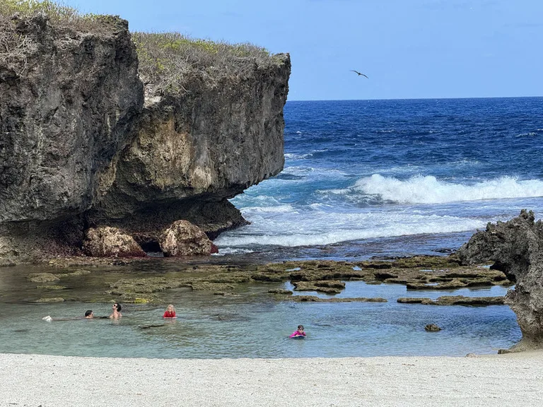 クリスマス島のLily Beach(リリー・ビーチ)で泳ぎを楽しむ人々