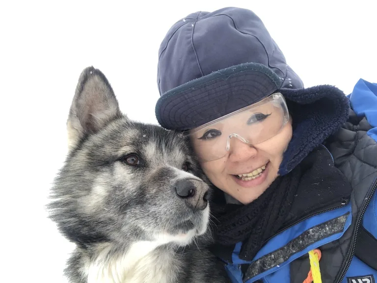 スバールバル諸島の雪原の中で休みを取る犬ぞりチーム