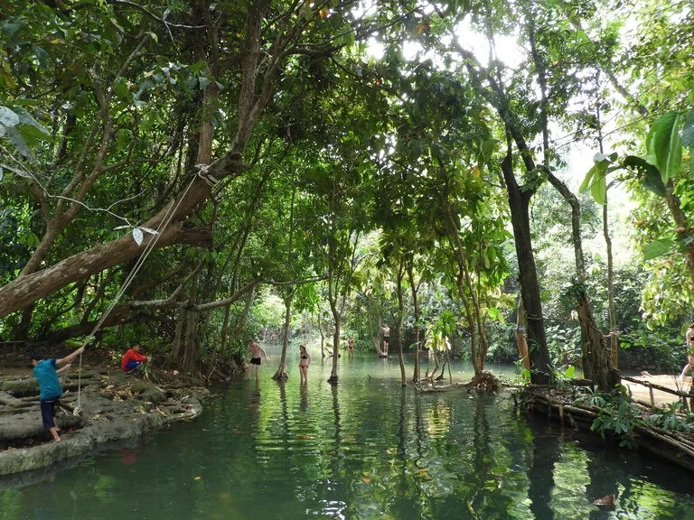 ルアンパバーンの観光名所、エメラルド色の水が流れるクアンシーの滝(Kuang Si Waterfall) の上流