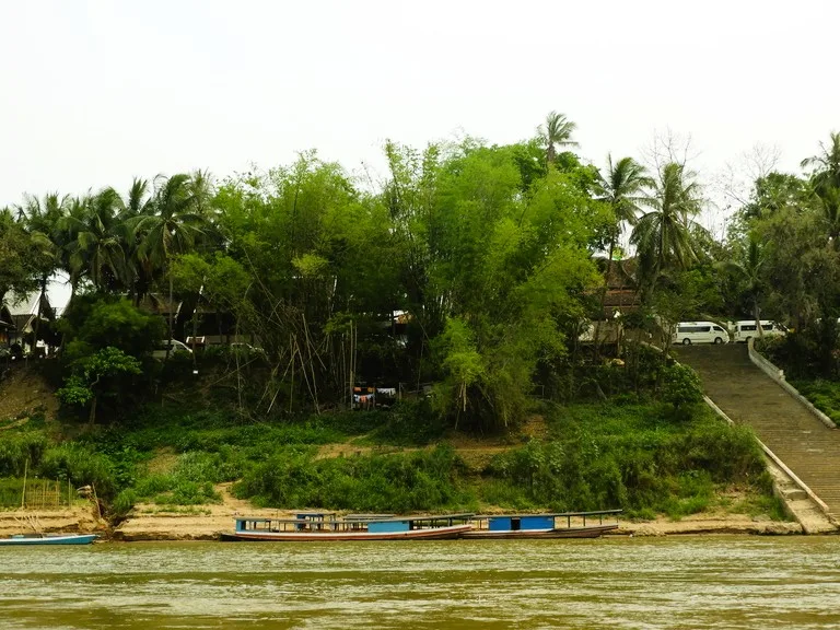 メコン川クルーズ中に見える川沿いの漁村風景