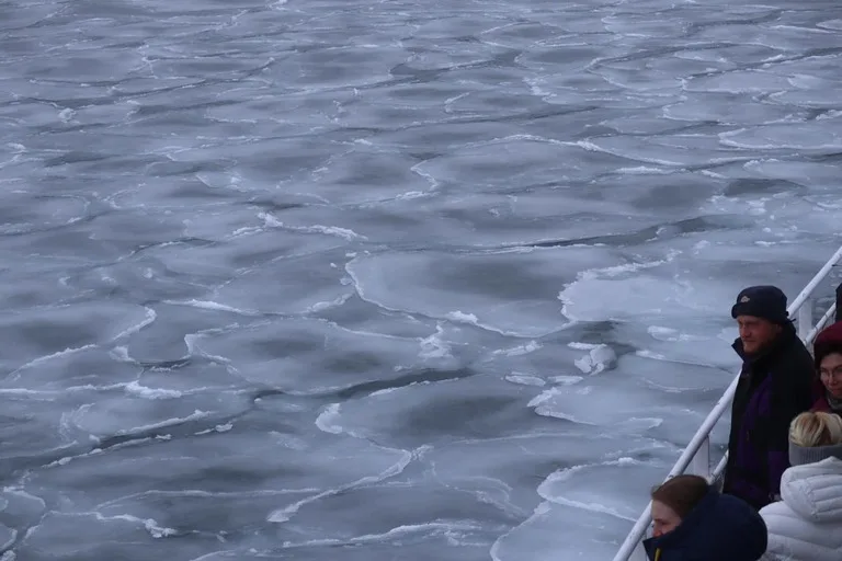 towards Esmark Glacierクルーズで青い氷壁と漂う氷片を眺める乗客