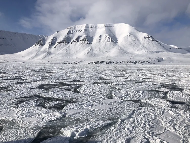 Fjord-cruise to Billefjordenで北極海をクルーズする船から見えるビレフィヨルドの景色