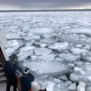 北極フィヨルドBillefjordenで青い氷壁と漂う氷片を眺めるクルージンツアーの乗客