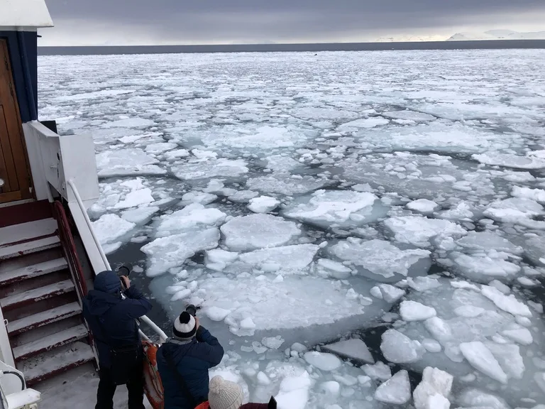 北極フィヨルドBillefjordenで青い氷壁と漂う氷片を眺めるクルージンツアーの乗客