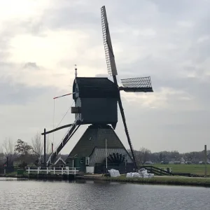 夕方の光に包まれるキンデルダイク（Kinderdijk）の風車群