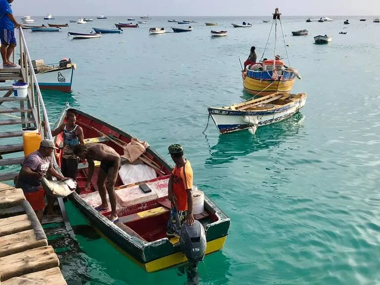 カーボベルデのサンタマリア桟橋で荷下ろしする漁船