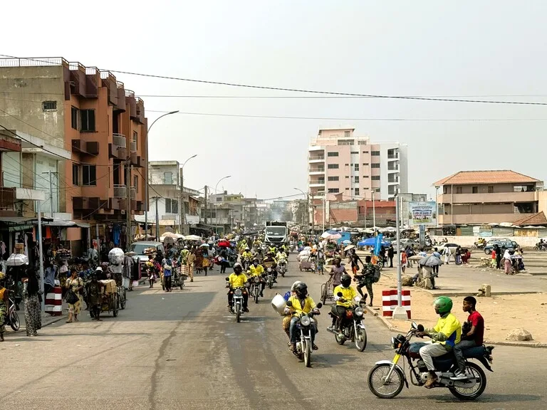 Motorbike traffic in downtown Cotonou, Benin